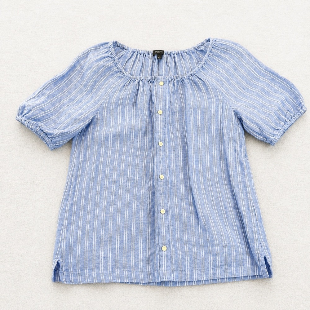 Talbots Blue White Striped 100% Linen Button Front Blouse S Petite Coastal
